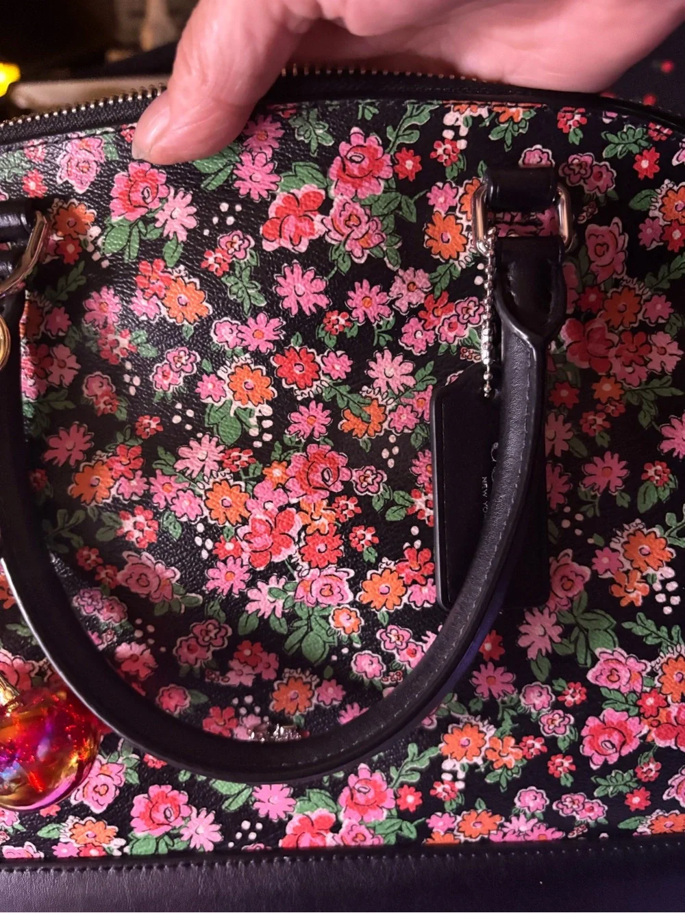 Coach Black Floral Dome Satchel with Pink and Green Bouquet Print